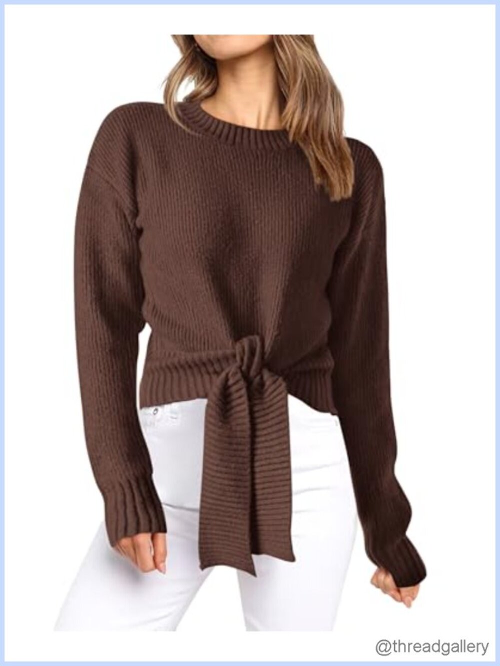 Women's Tie Front Crop Sweater Long Sleeve Crew Neck